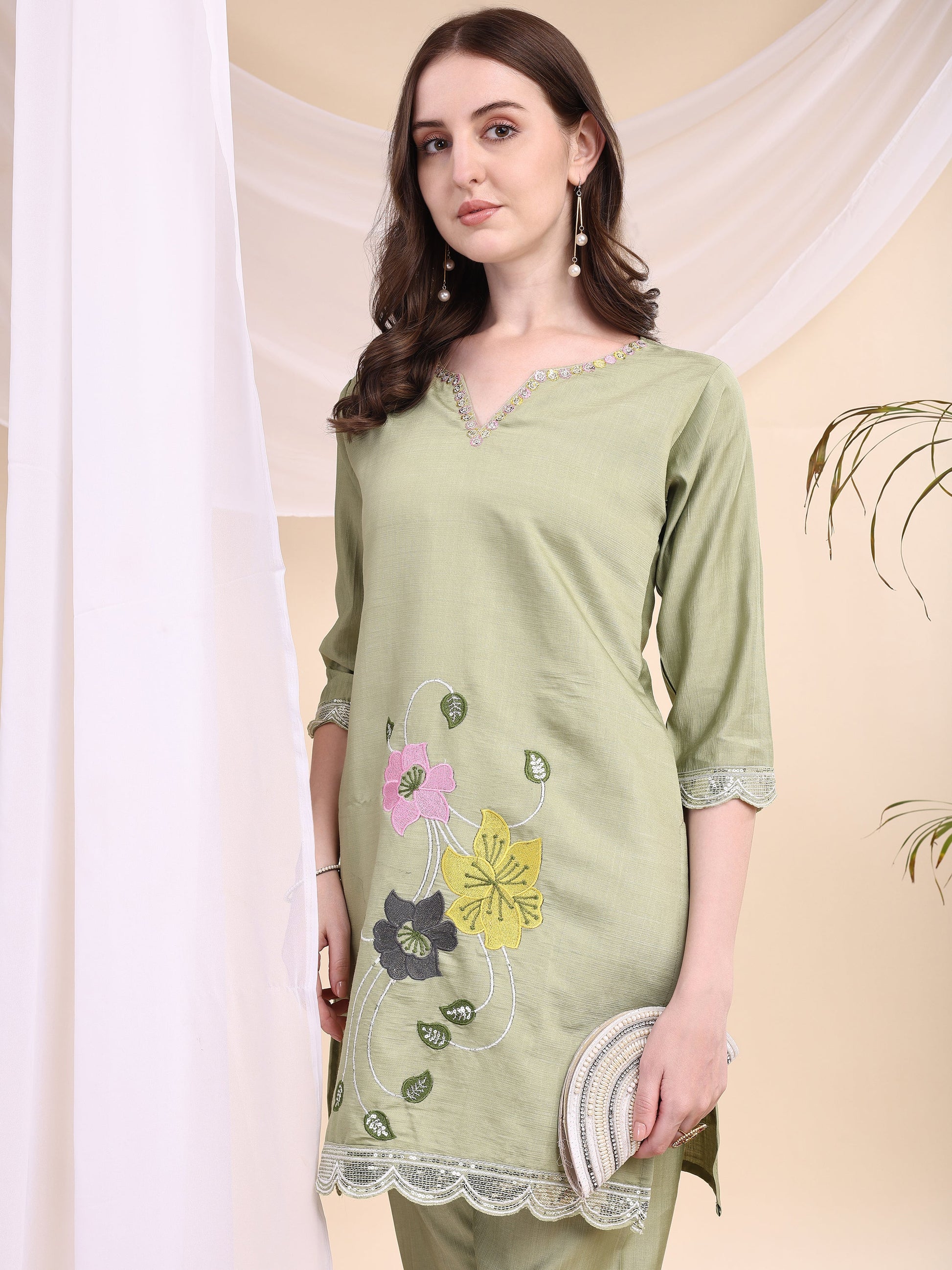Floral Embroidered Co-Ords, Green - Hiral Fashion
