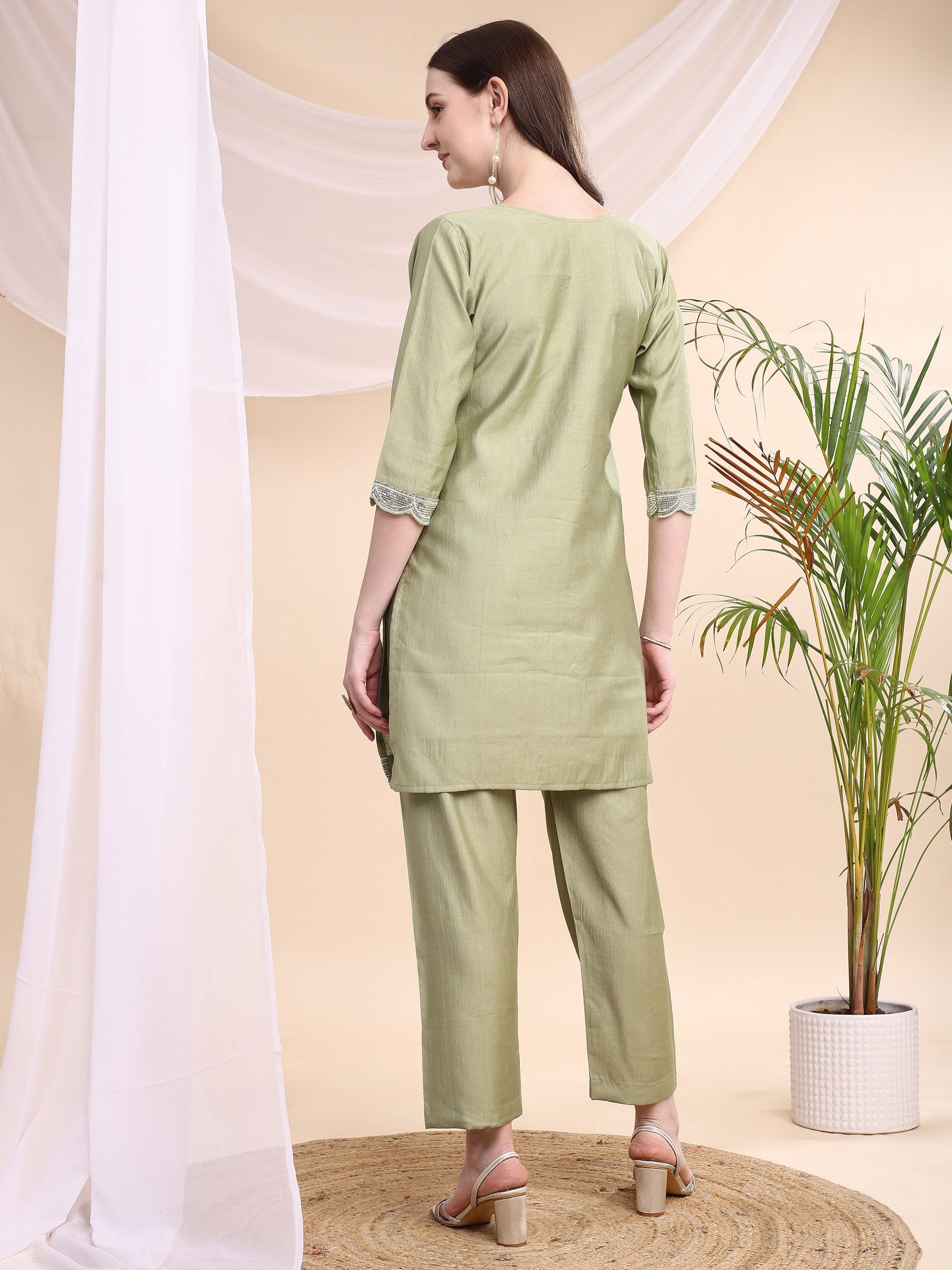 Floral Embroidered Co-Ords, Green - Hiral Fashion