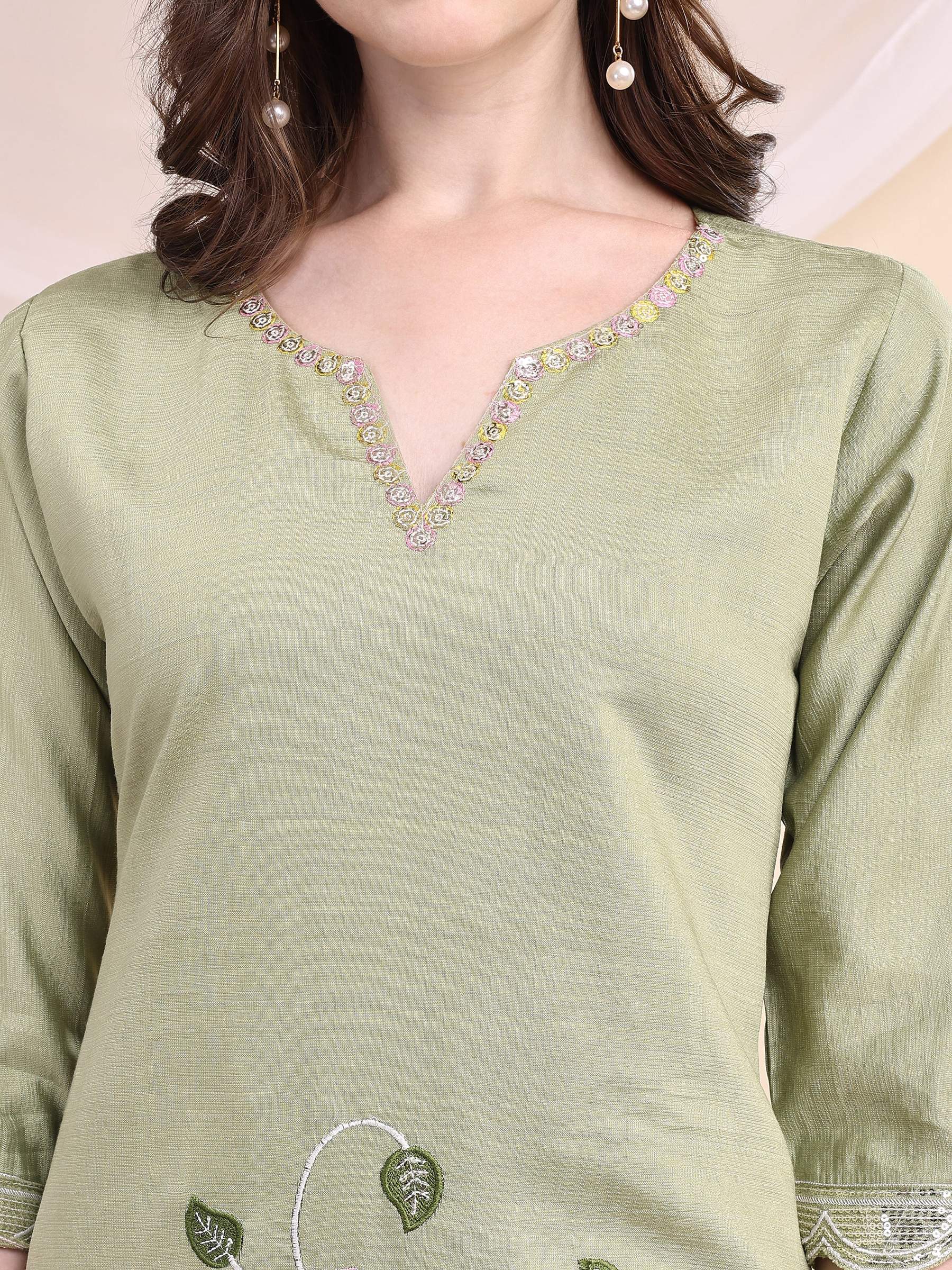 Floral Embroidered Co-Ords, Green - Hiral Fashion