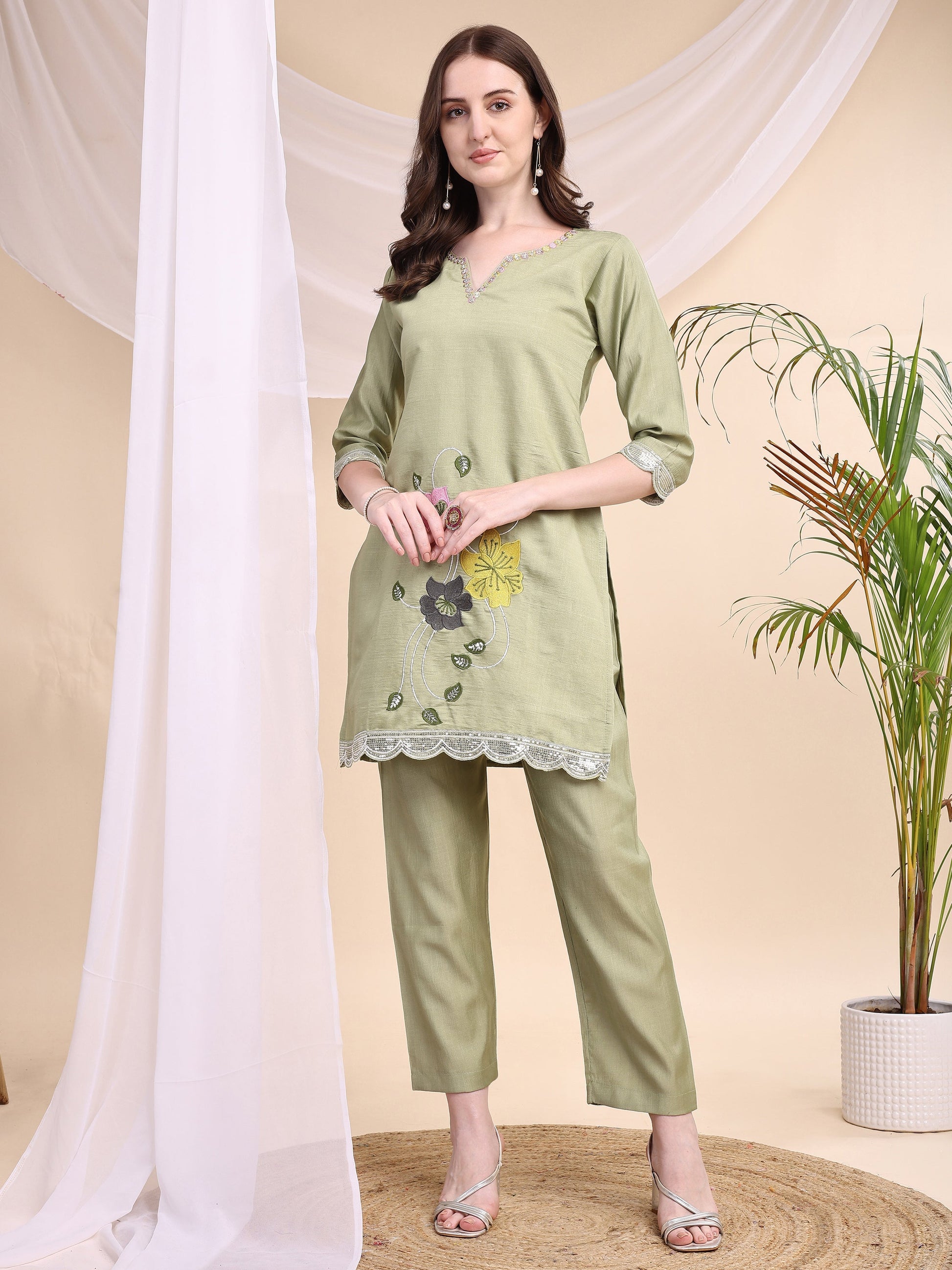 Floral Embroidered Co-Ords, Green - Hiral Fashion