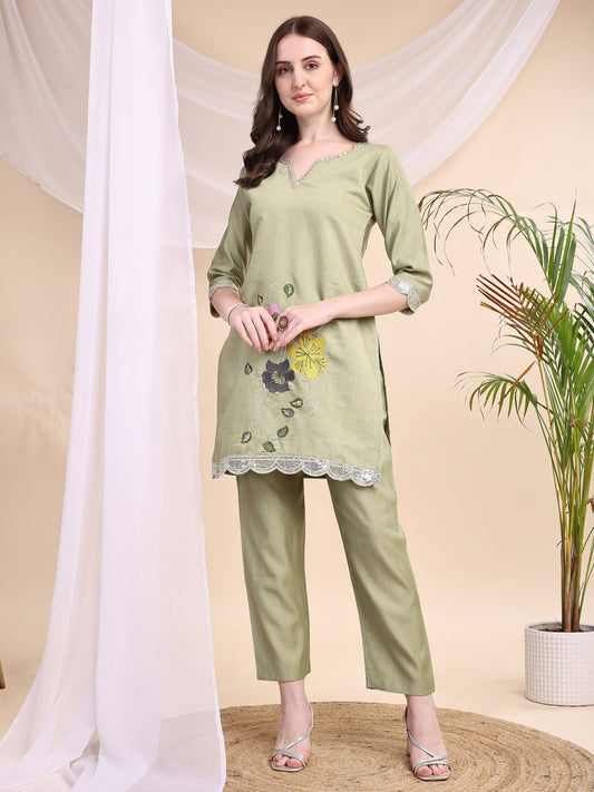 Floral Embroidered Co-Ords, Green - Hiral Fashion