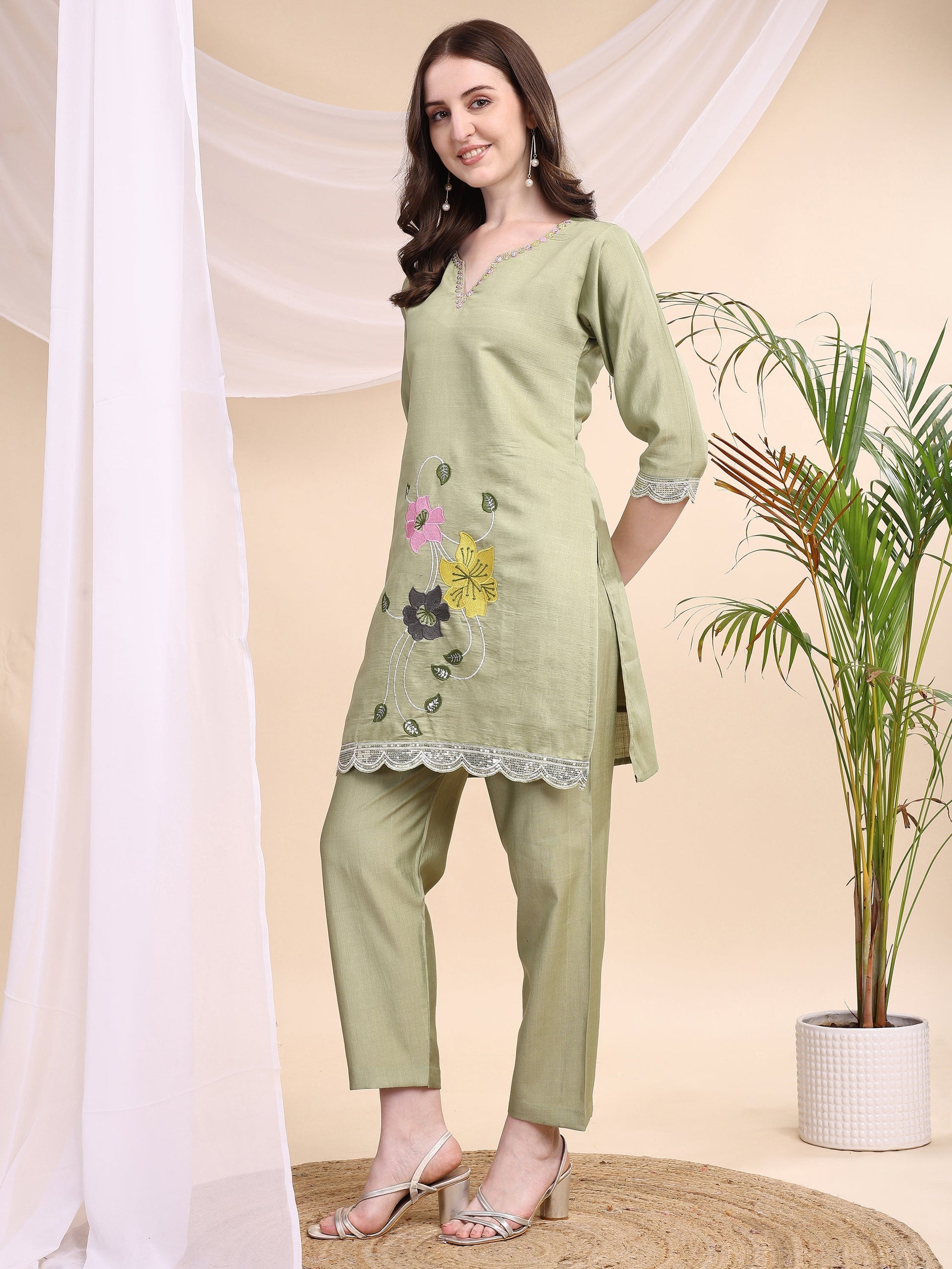 Floral Embroidered Co-Ords, Green - Hiral Fashion