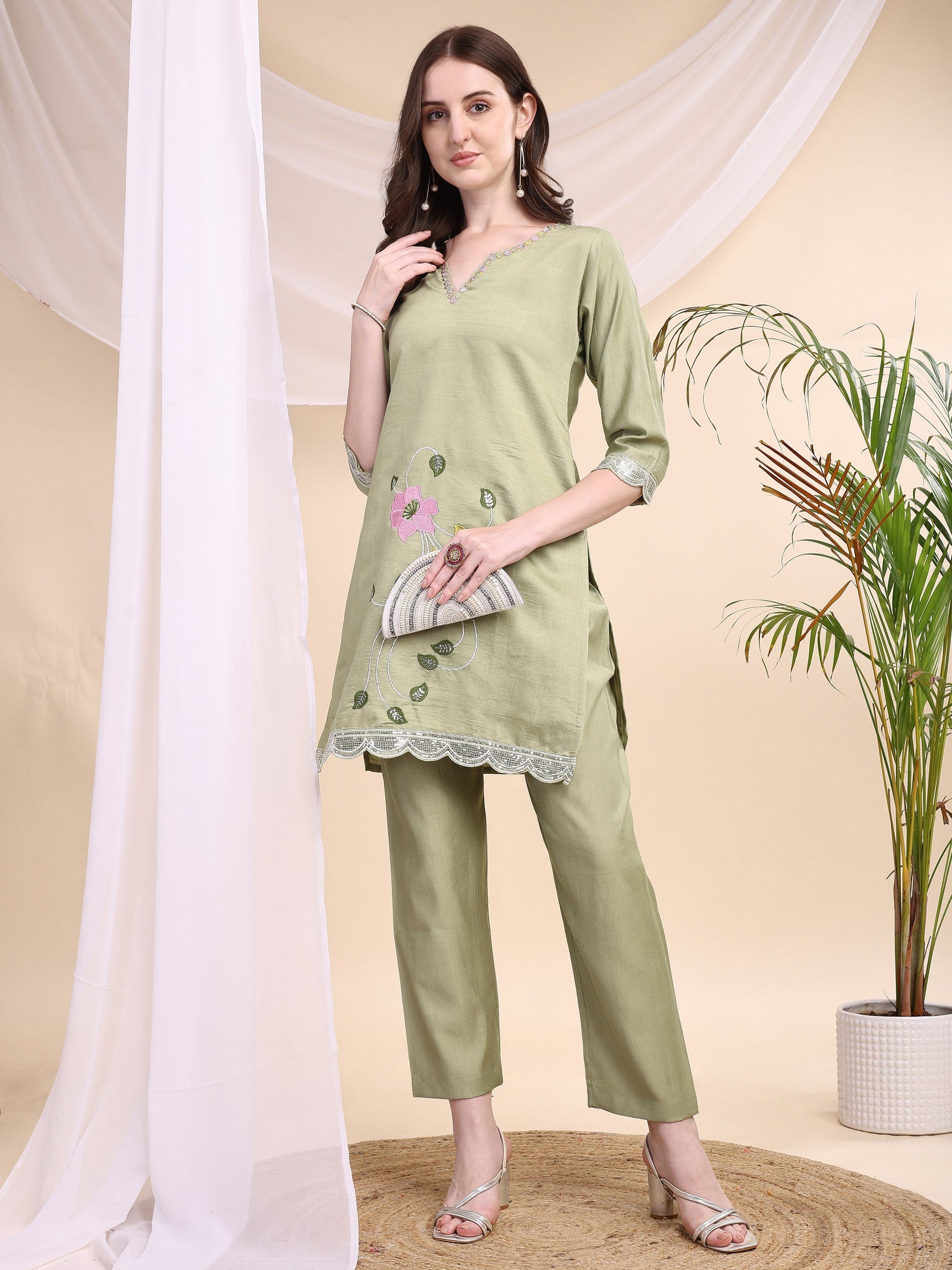 Floral Embroidered Co-Ords, Green - Hiral Fashion