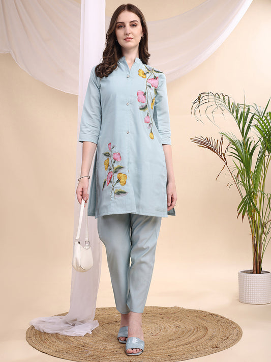 Floral Painted & Beads Embroidered Co-Ords, Aqua-Blue - Hiral Fashion