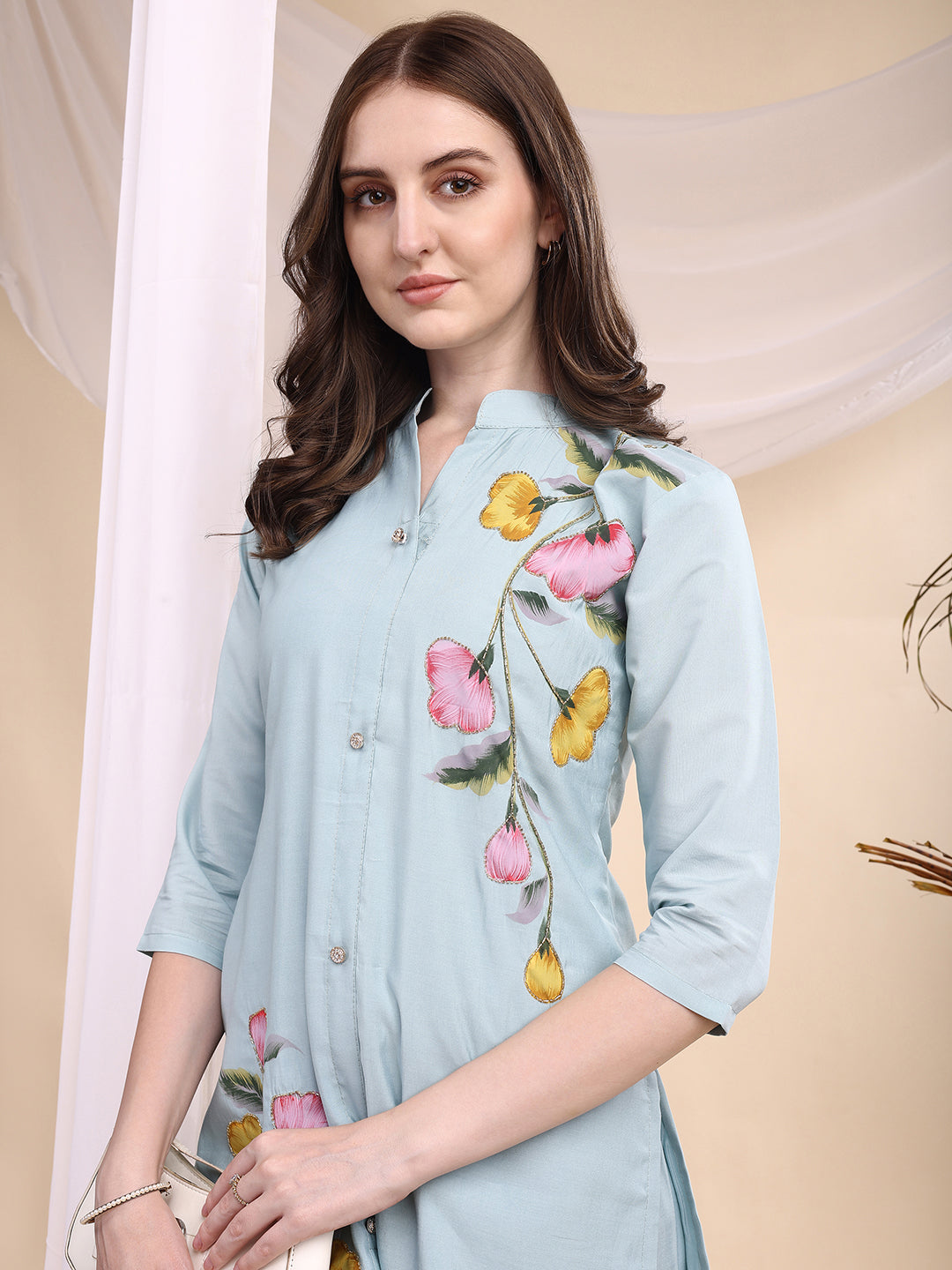 Floral Painted & Beads Embroidered Co-Ords, Aqua-Blue - Hiral Fashion