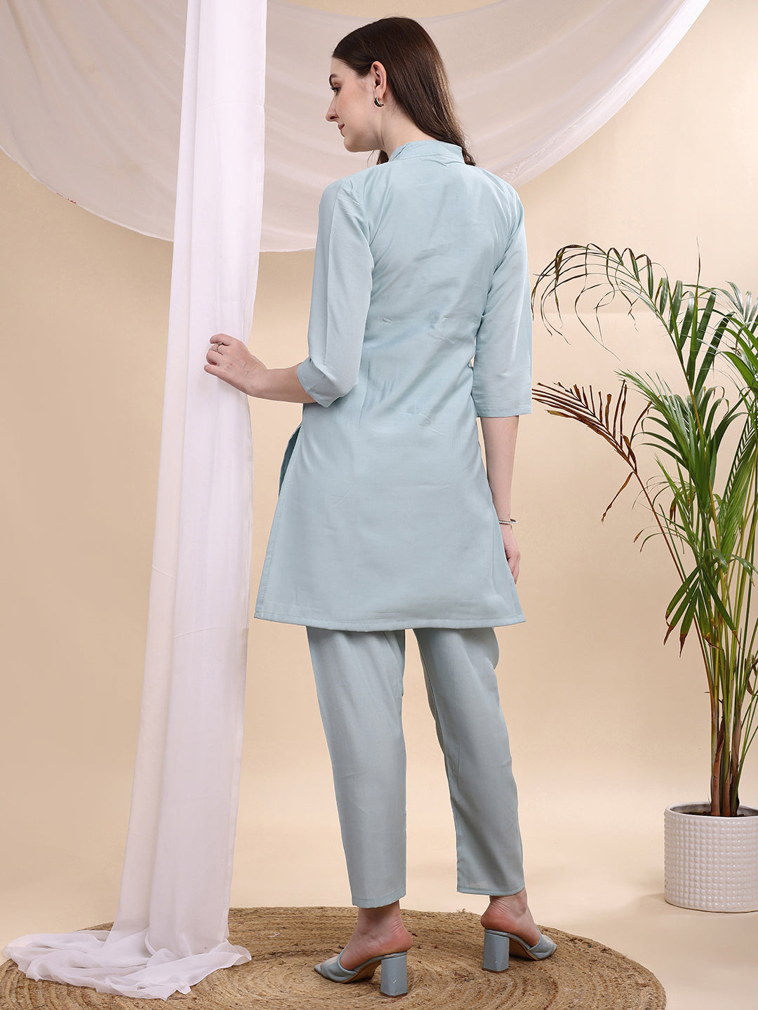 Floral Painted & Beads Embroidered Co-Ords, Aqua-Blue - Hiral Fashion