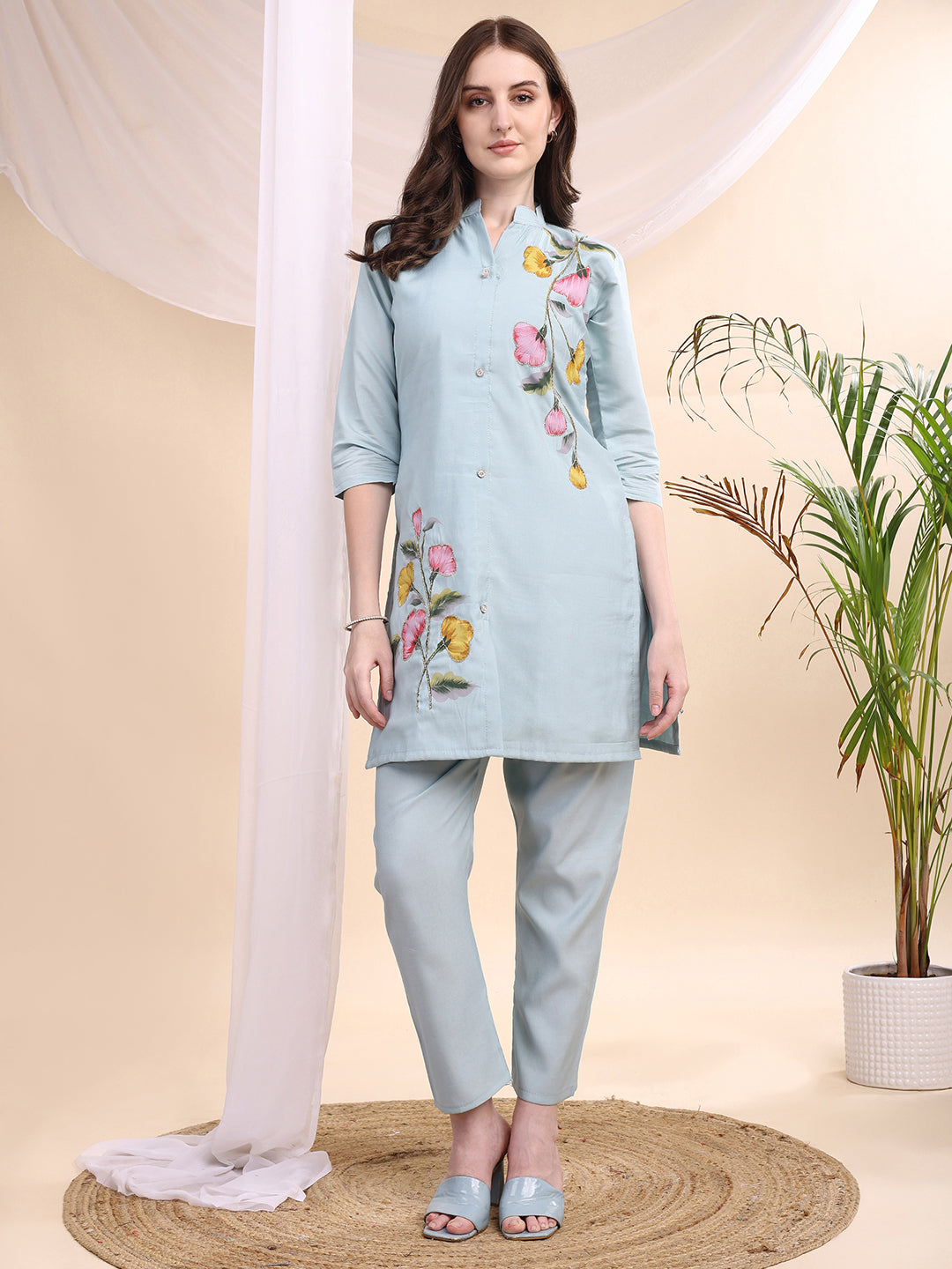 Floral Painted & Beads Embroidered Co-Ords, Aqua-Blue - Hiral Fashion