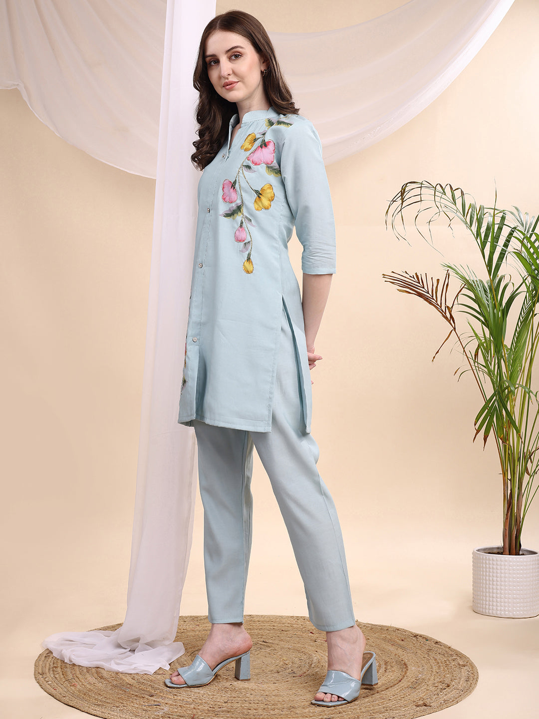 Floral Painted & Beads Embroidered Co-Ords, Aqua-Blue - Hiral Fashion
