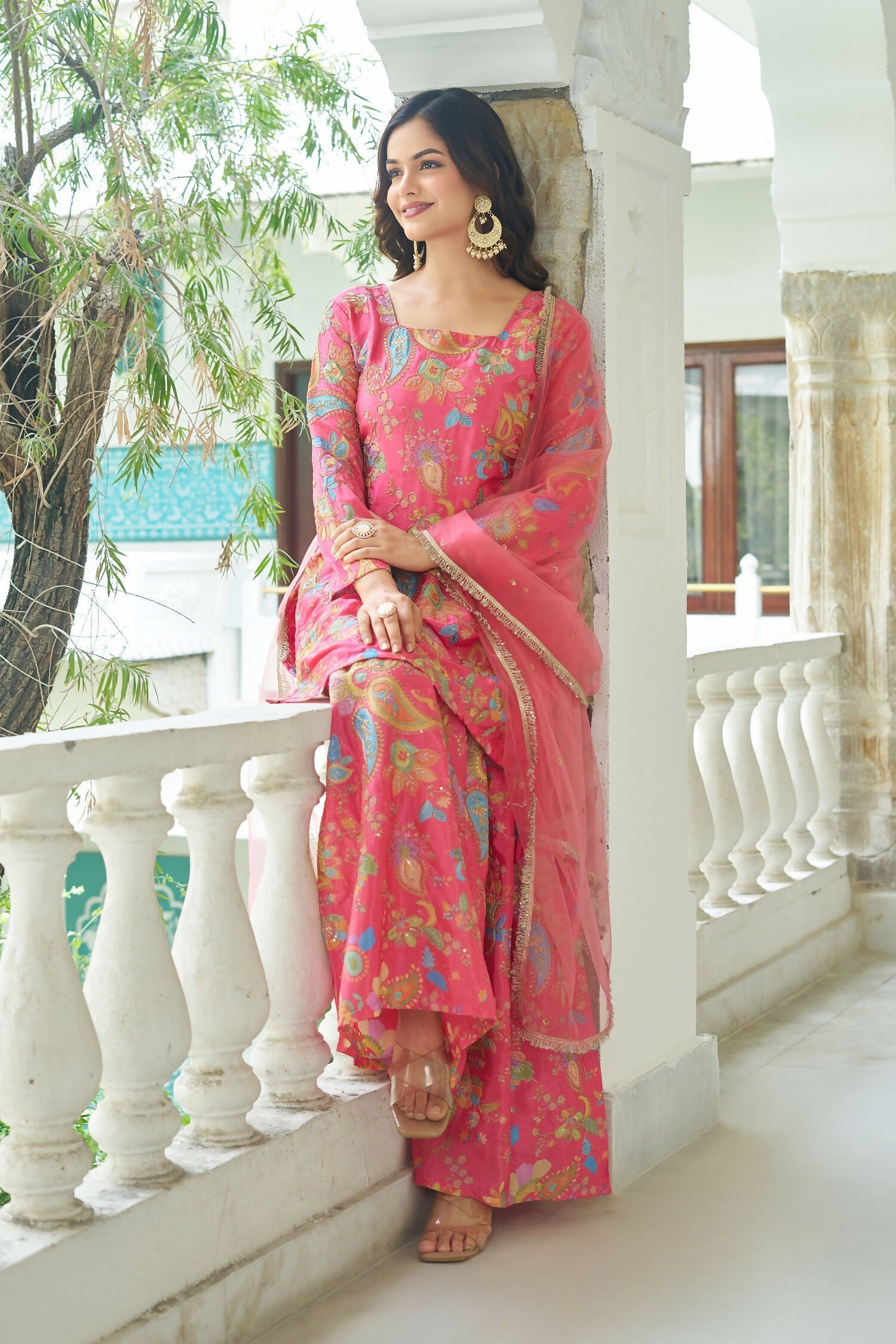 Joban Fashion Pink Chinnon Embroidery Sequence Work Readymade Kurta Set