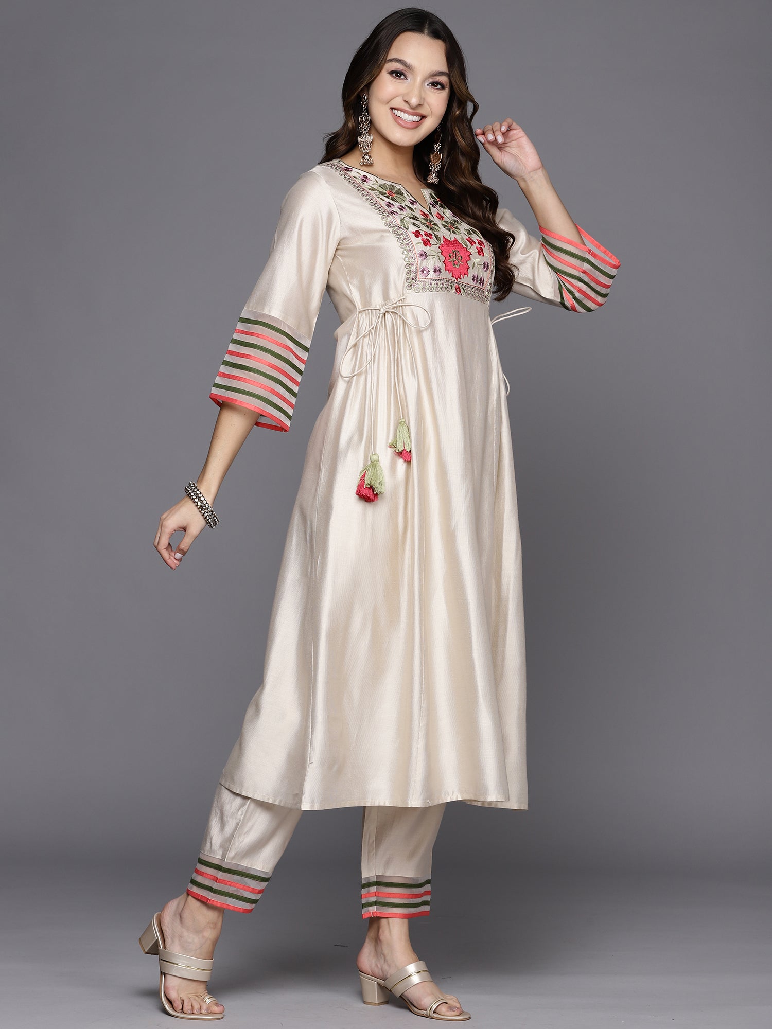 Indo Era White Embroidered A-Line Kurta Trousers Set