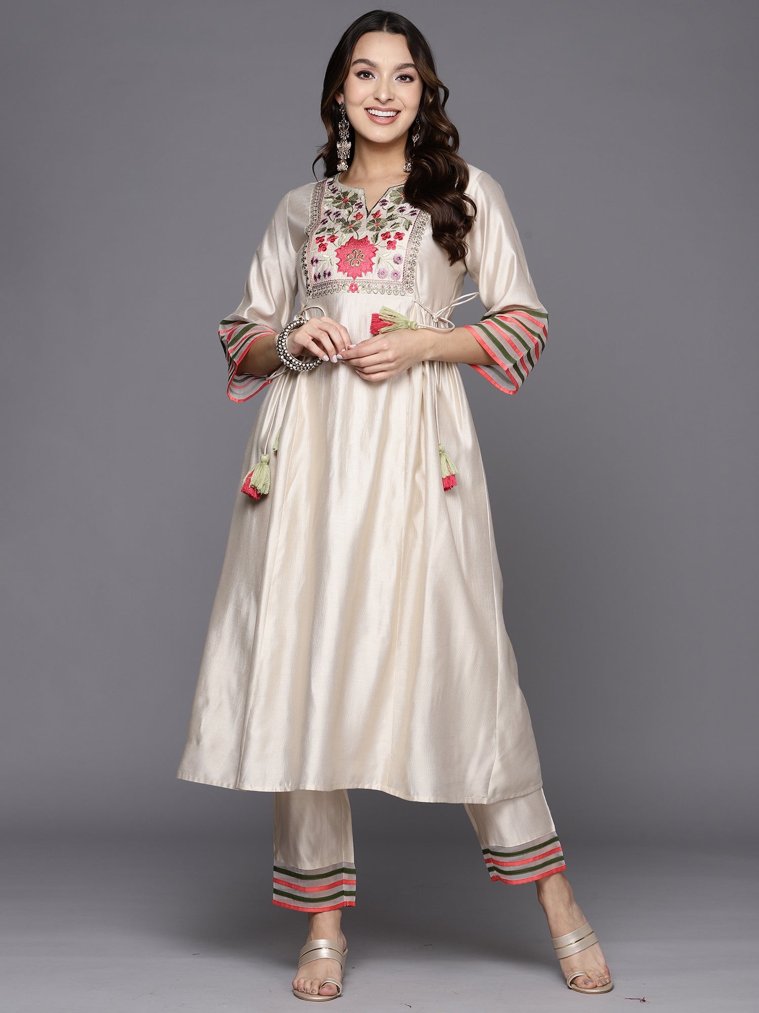 Indo Era White Embroidered A-Line Kurta Trousers Set