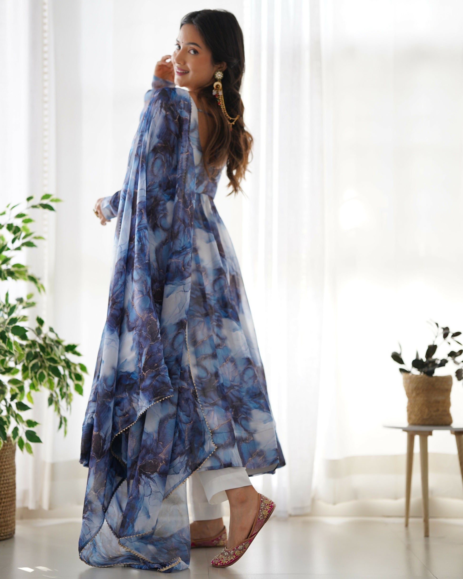 Joban Fashion Navy Blue Kurta Set Organza Sequin Embroidery Work 