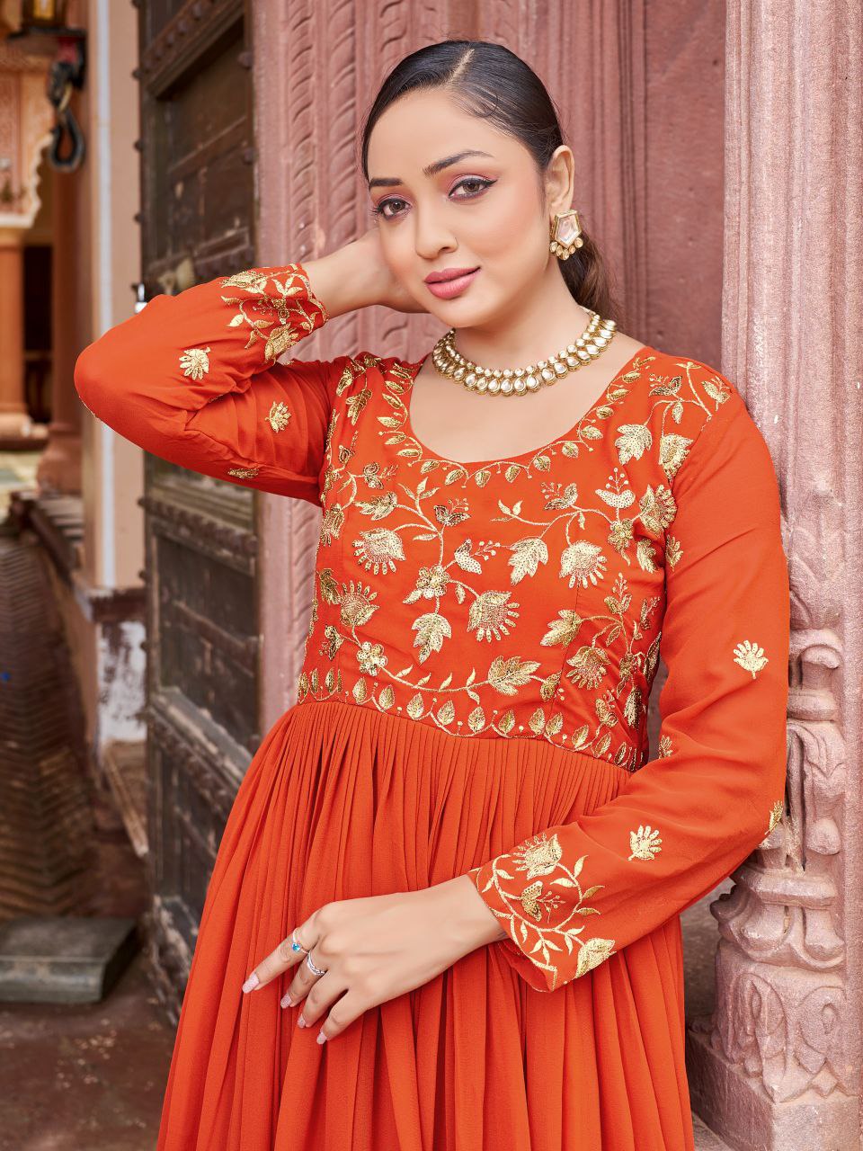 Prazu Fashion Rust Georgette Embroidered Zari Work Designer Gown
