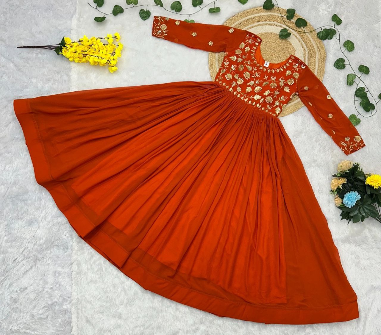 Prazu Fashion Rust Georgette Embroidered Zari Work Designer Gown