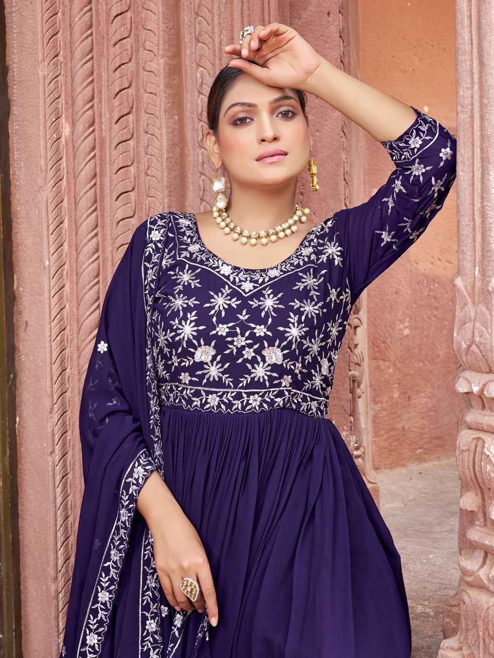 Prazu Fashion Blue Georgette Embroidered Zari Work Designer Gown With Dupatta
