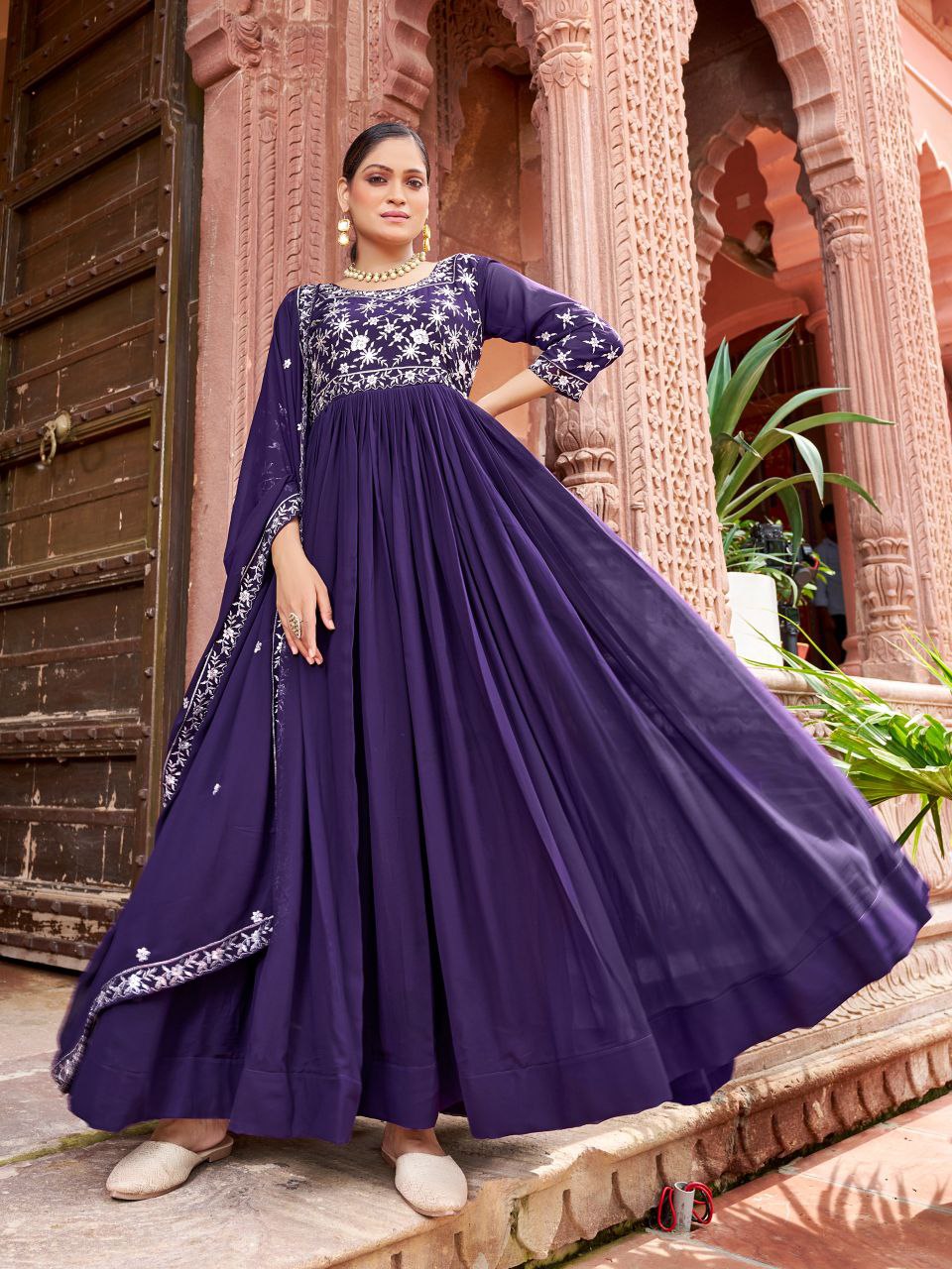 Prazu Fashion Blue Georgette Embroidered Zari Work Designer Gown With Dupatta