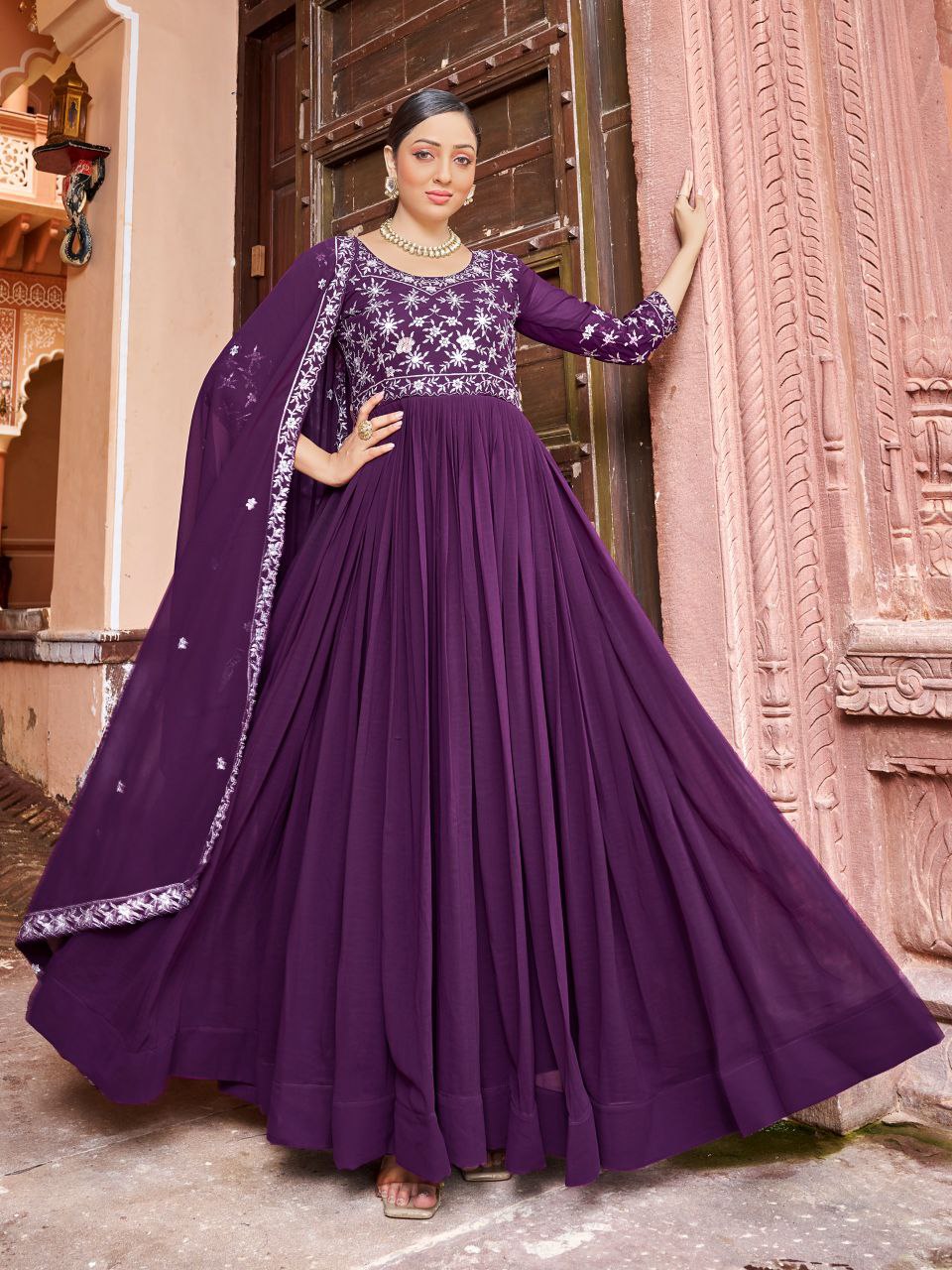 Prazu Fashion Purple Georgette Embroidered Zari Work Designer Gown With Dupatta