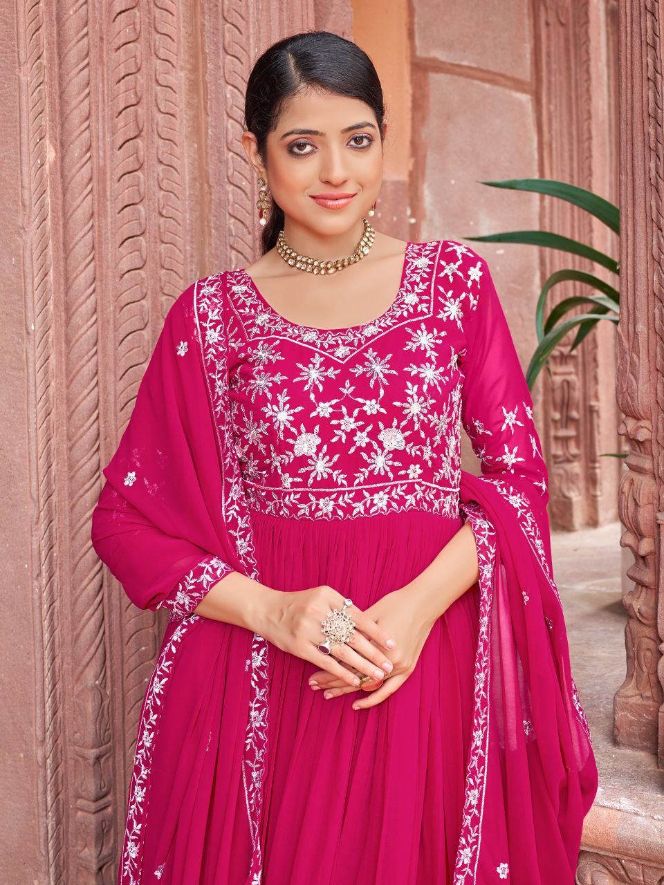 Prazu Fashion Rani Pink Georgette Embroidered Zari Work Designer Gown With Dupatta