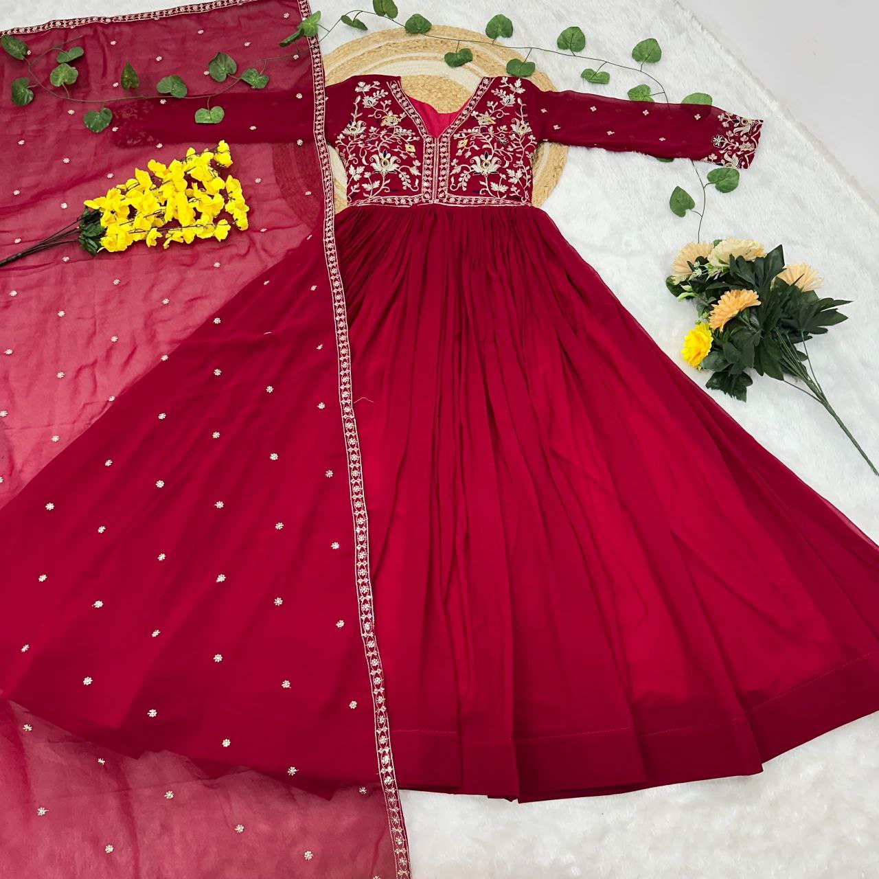 Prazu Fashion Red Georgette With Rich Zari-Sequins Embroidery Gown