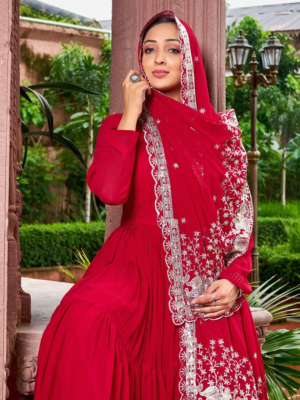 Prazu Fashion Red Georgette With 3 Layer Huge Flair Gown With Dupatta
