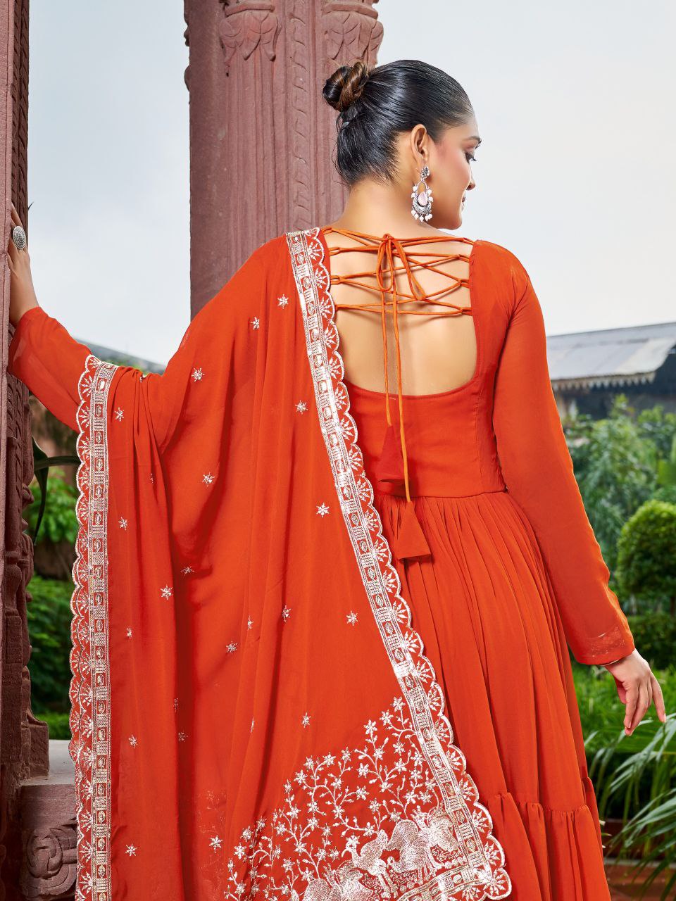 Prazu Fashion Rust Georgette With 3 Layer Huge Flair Gown With Dupatta