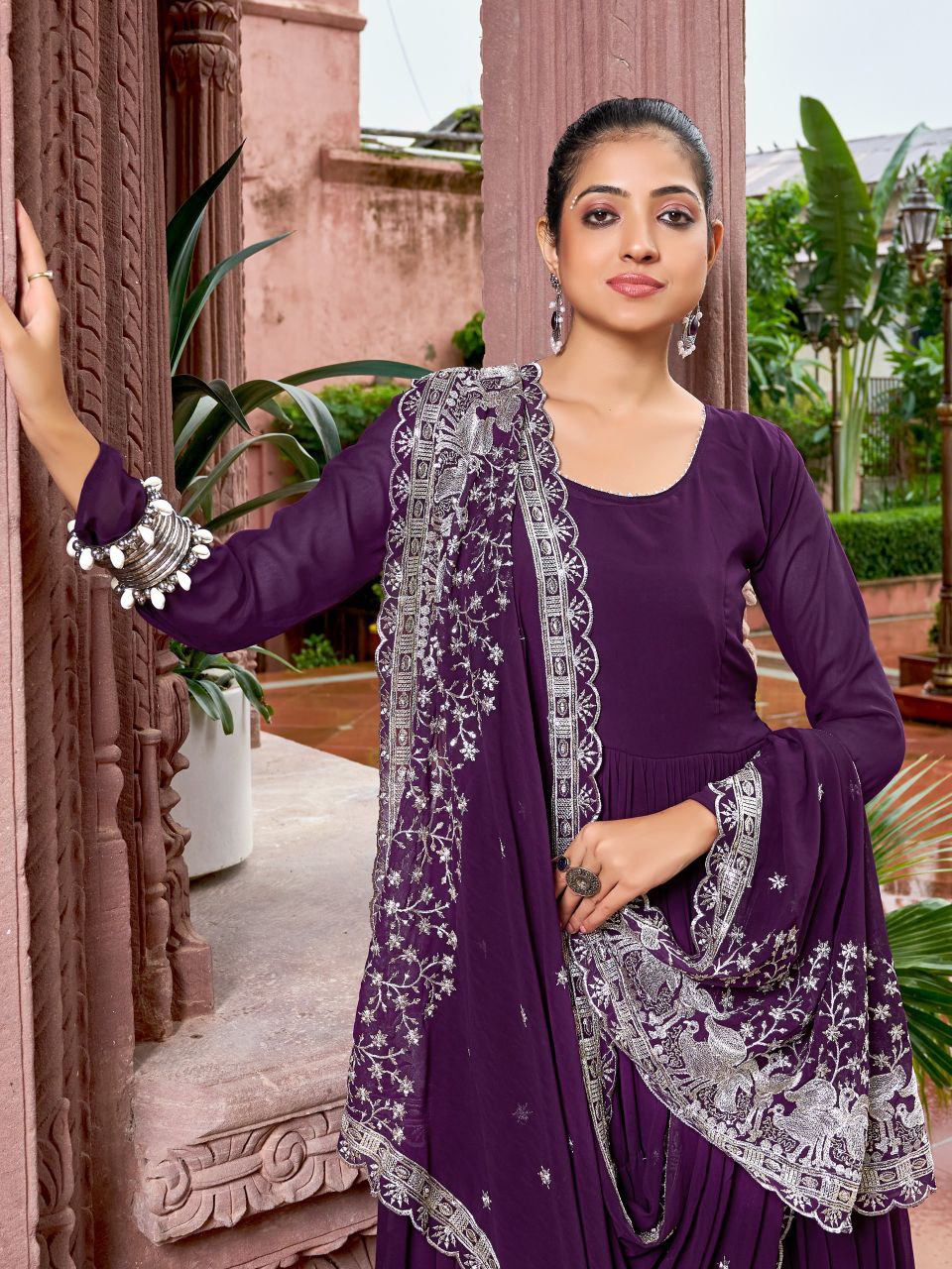 Prazu Fashion Wine Georgette With 3 Layer Huge Flair Gown With Dupatta