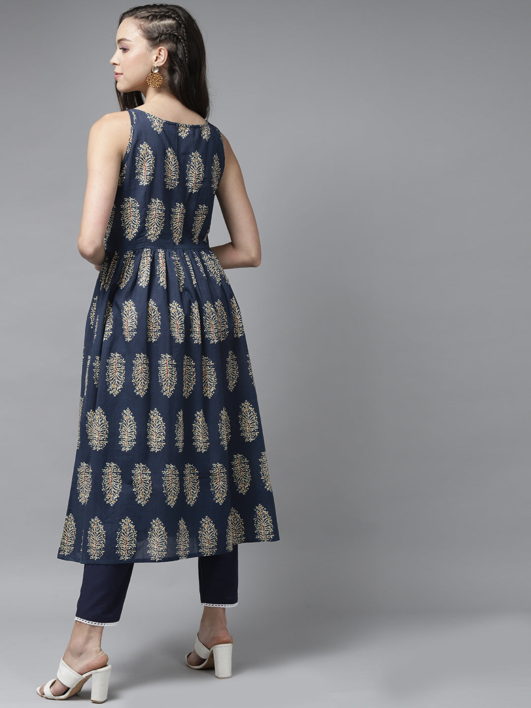 Indo Era Blue Floral Printed A-line Kurta