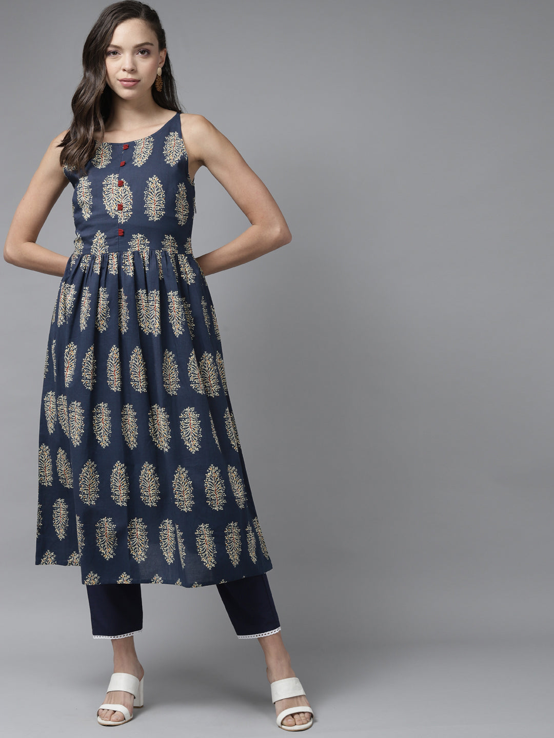 Indo Era Blue Floral Printed A-line Kurta