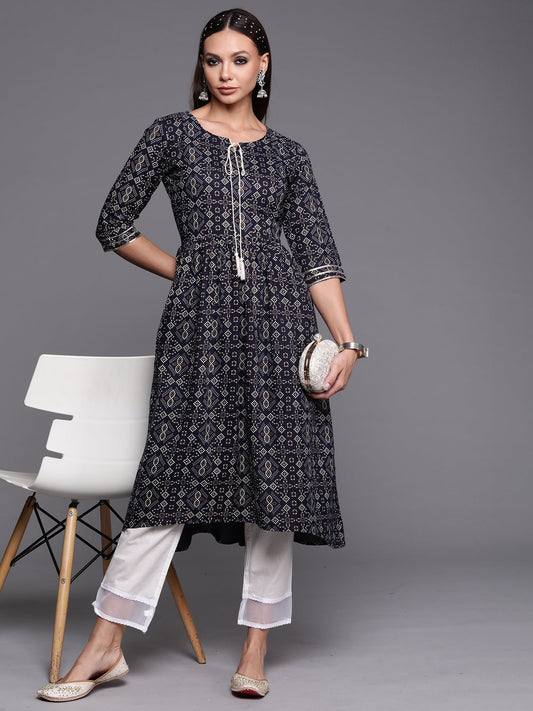 Indo Era Navy Blue Foil Printed A-line Kurta