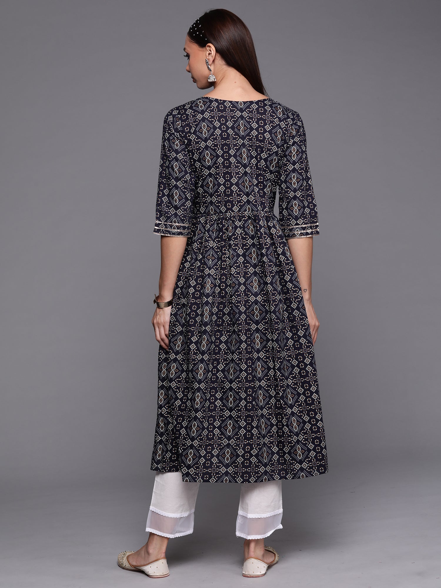 Indo Era Navy Blue Foil Printed A-line Kurta