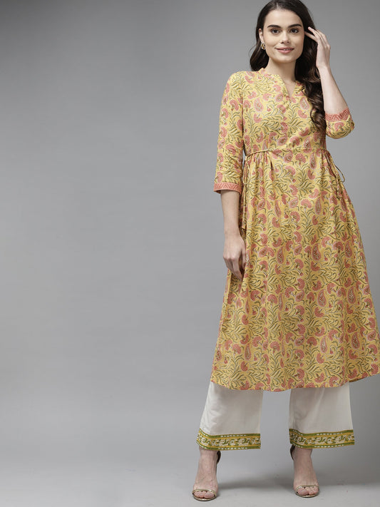 Indo Era Yellow Floral Printed A-line Kurta