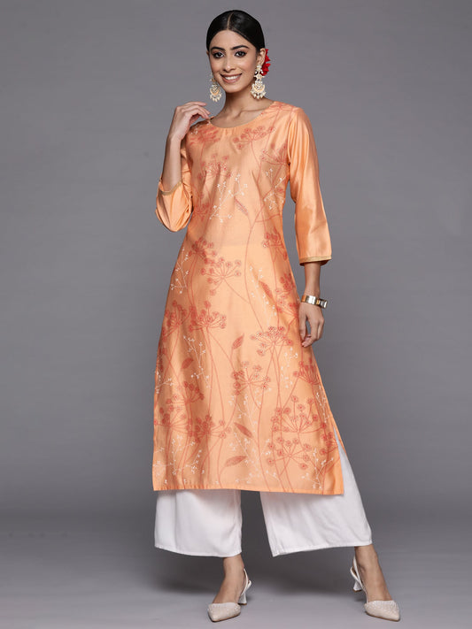 Indo Era Peach Printed Straight Kurta