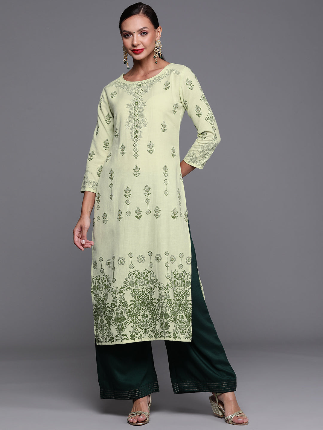Indo Era Green Foil Printed Straight Kurta