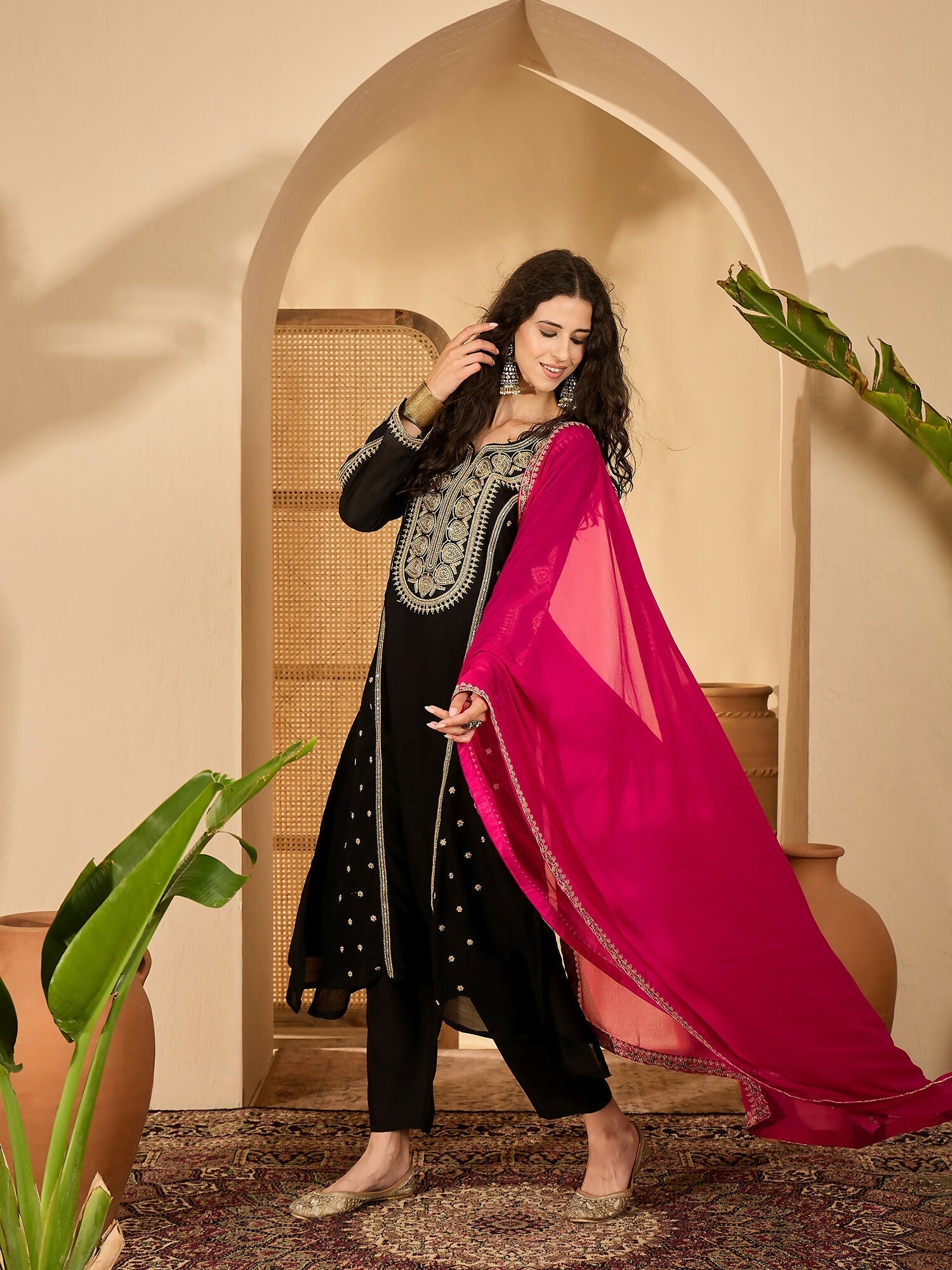 Joban Fashion Embroidery Black Vichitra Silk Kurta Set