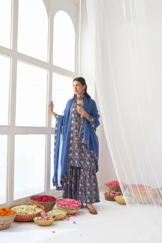 Designer Stylish Blue Muslin Stitched Suit With Dupatta - Anbazaar - Grab2buy