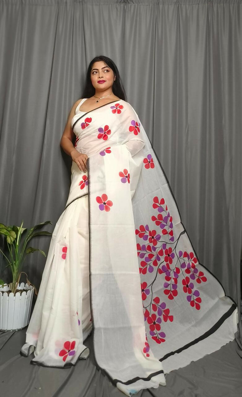 Exclusive Collection Beautiful White Red Pure Cotton Hand Print Handloom Grab2Buy With Running Blouse Piece 