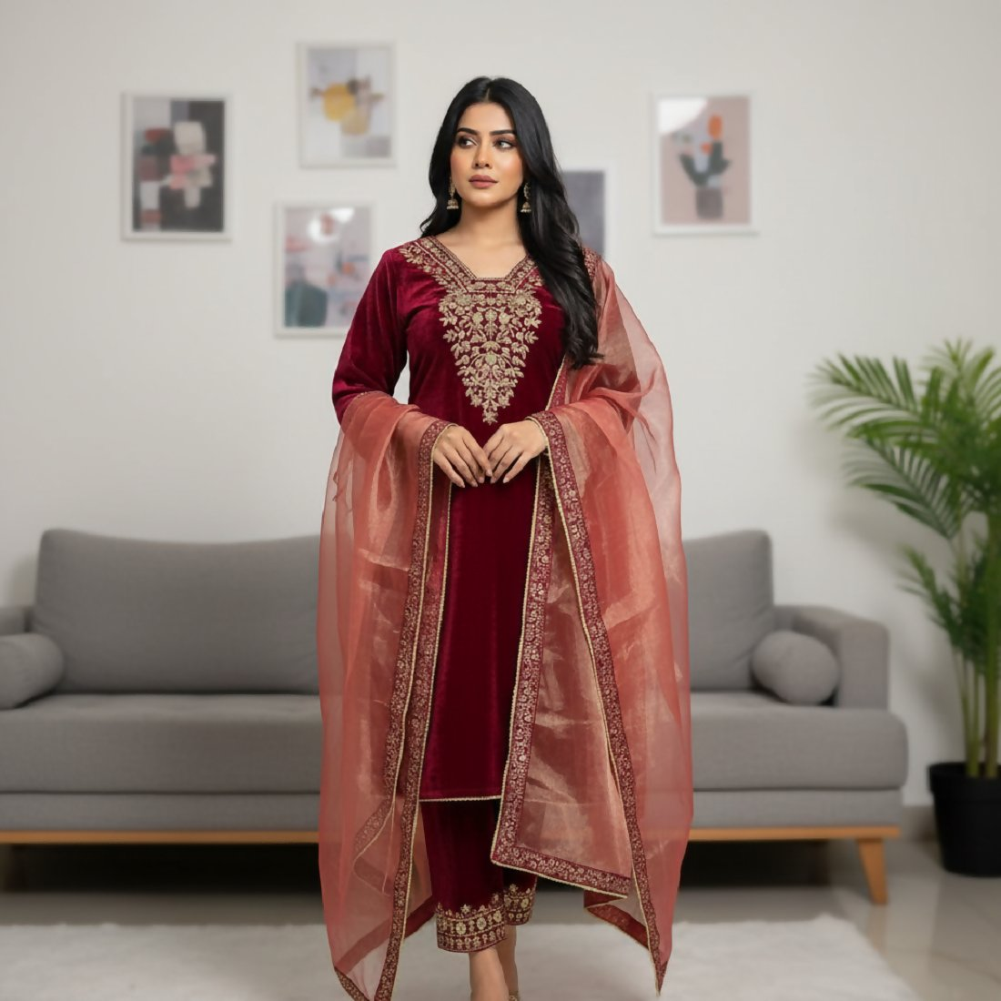 Joban Fashion Maroon Velvet Embroidery Sequence Work Readymade Kurta Set