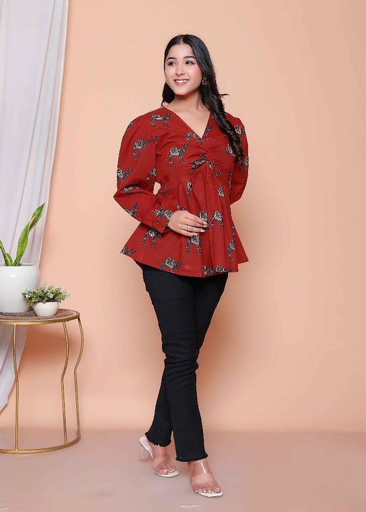 Miravan Womens Brown Animal Printed Balloon Sleeves V Neck Butterfly Top