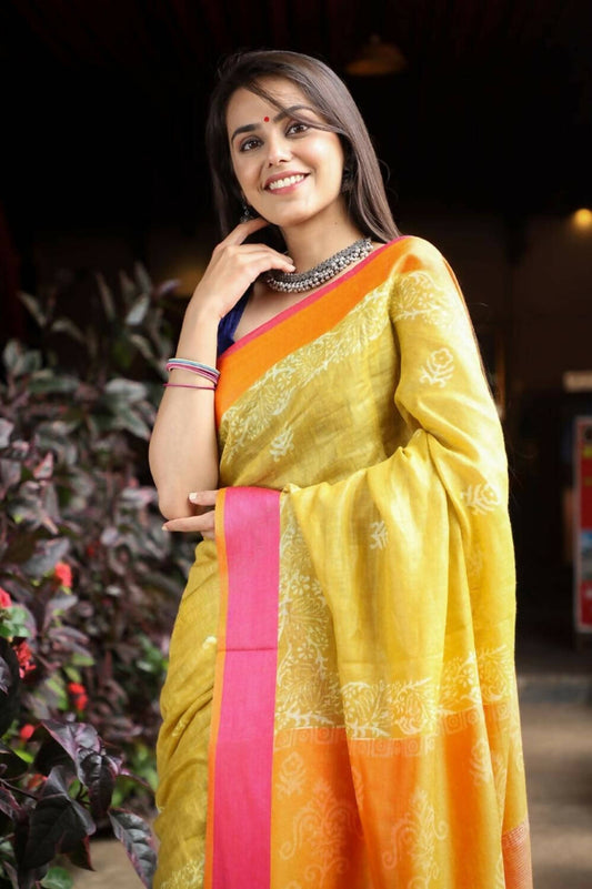 Very Much Indian Pure Linen Saree With Sleek Border And Exclusive Design - Yellow - Grab2buy