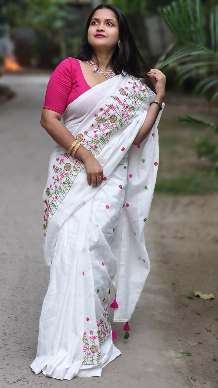 Exclusive Collection White Pure Cotton Handloom Embroidered Grab2Buy 