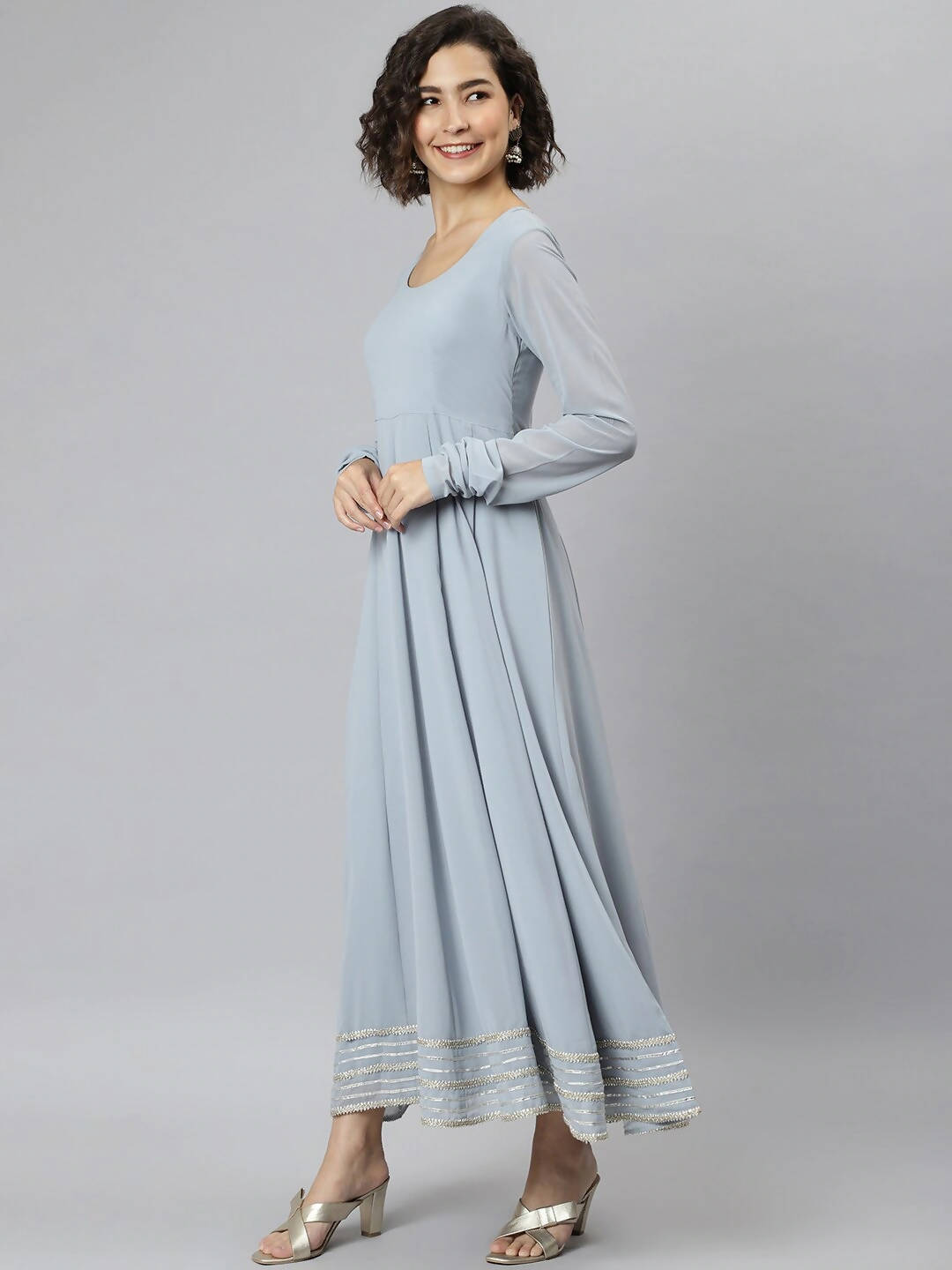 Janasya Women Grey Flared Sleeves Gotta Patti Georgette Anarkali Kurta