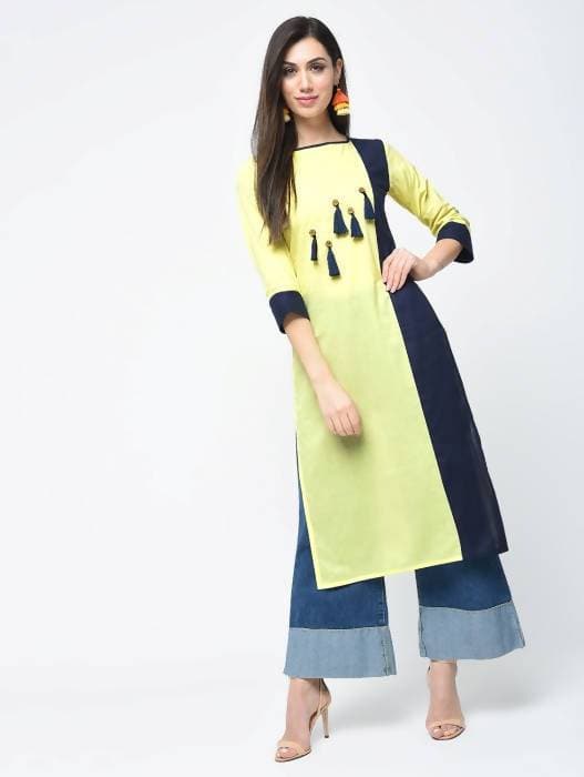 Aniyah Cotton Color Block Yellow Straight Kurta With Tassels (AN-103K) | Grab2Buy