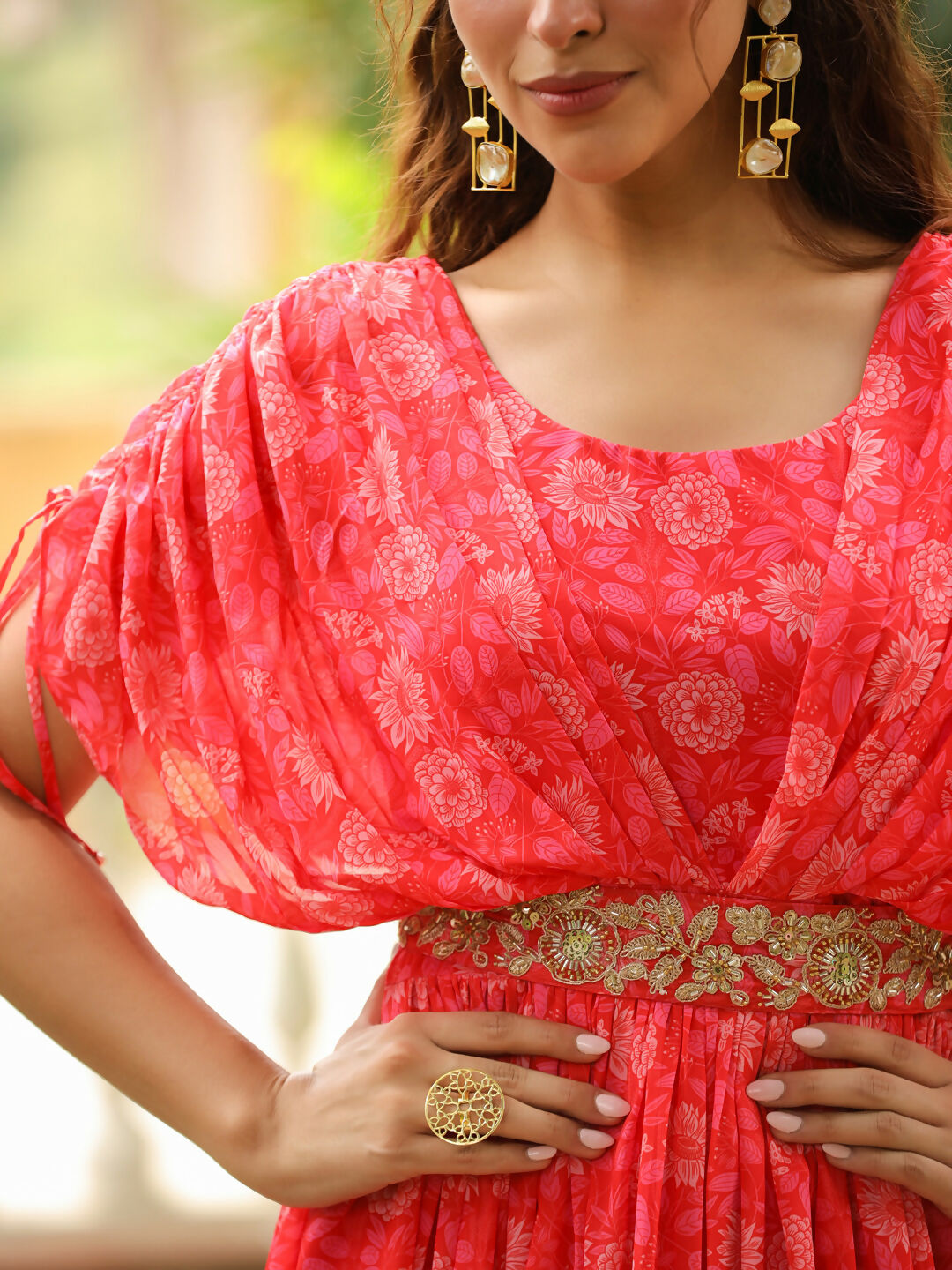 Janasya Pink Georgette Floral Gown 