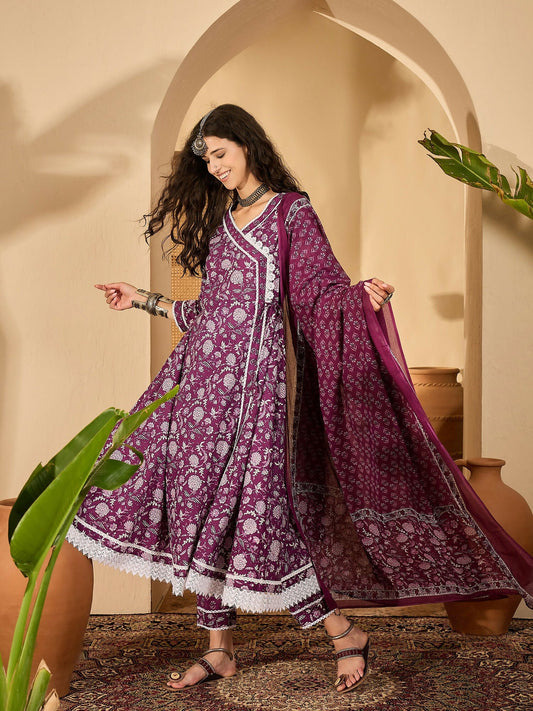 Joban Fashion Printed Purple Pure Cotton Kurta Set