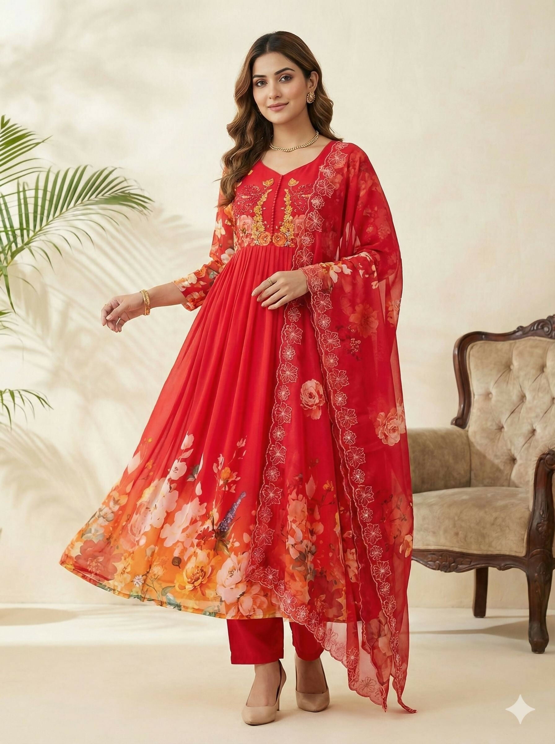 Teeya Creation Womens New Fancy Fox Georgette Heavy Quality Fabric With Handwork Orange Gown Set
