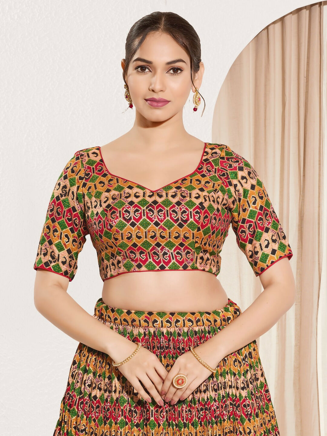Joban Fashion Red Brocade Padded Blouse With Sweetheart Neck Elbow Sleeves