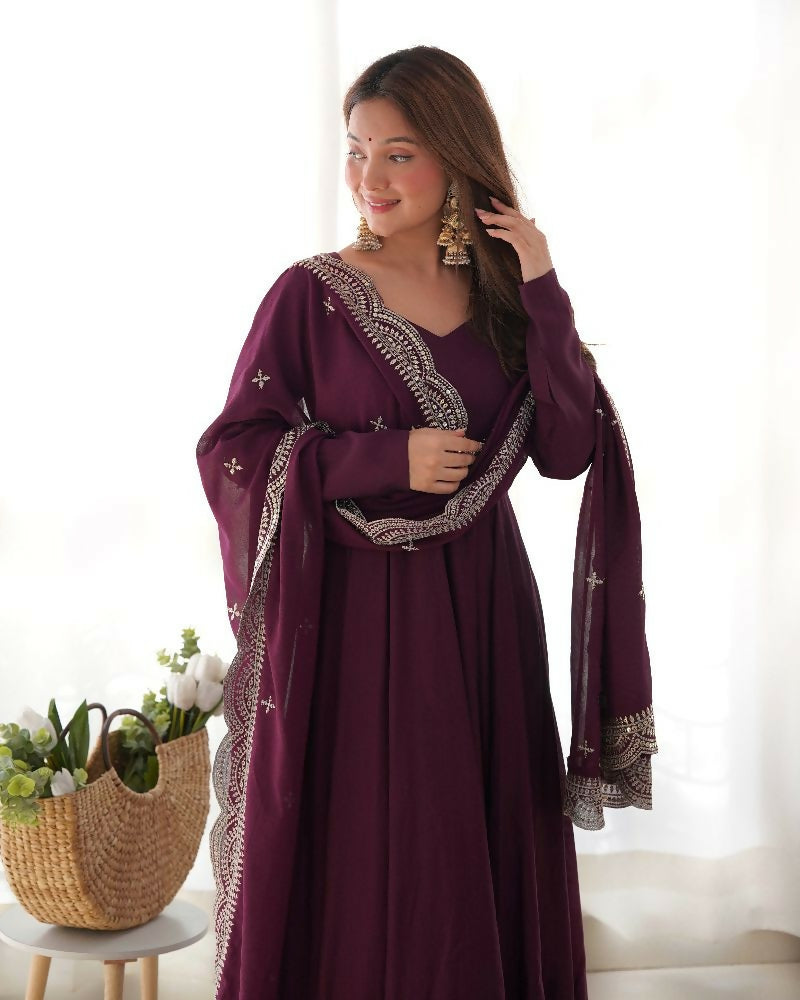 Joban Fashion Wine Kurta Set Chanderi Sequence Embroidery Work 