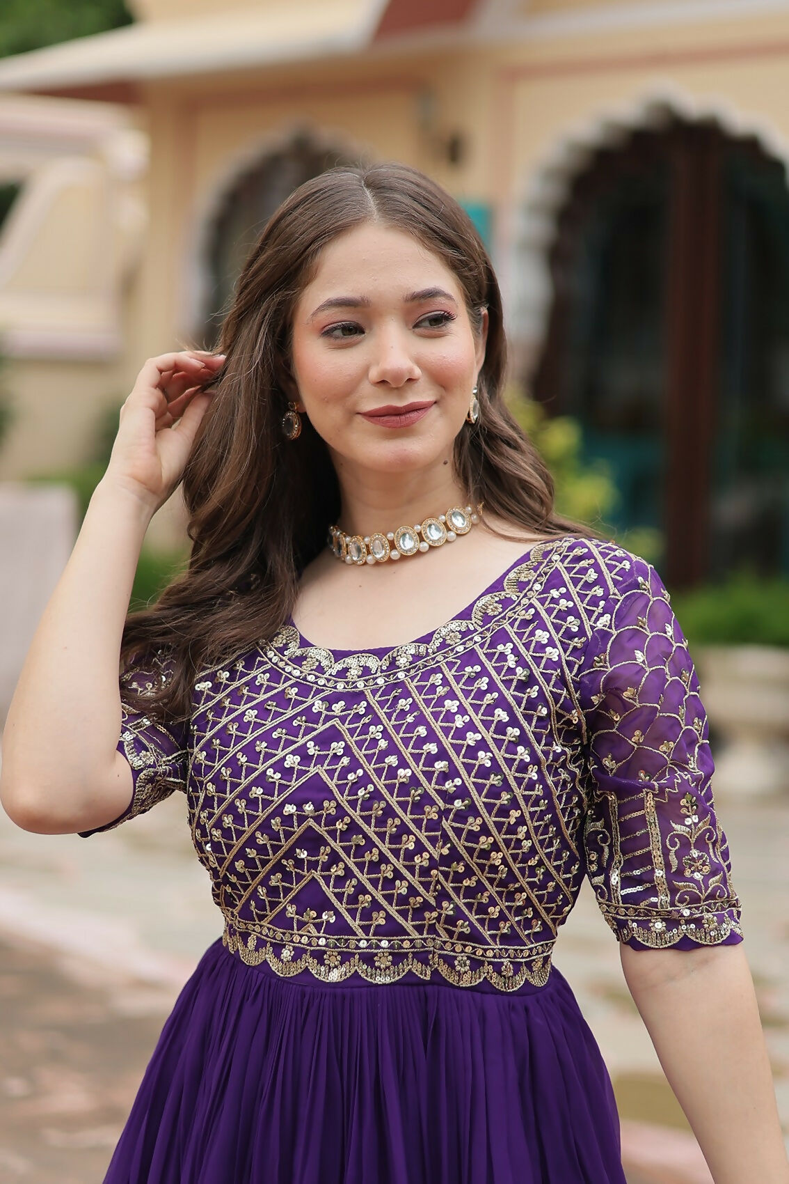 Joban Fashion Purple Georgette Sequence Embroidery Work Gown