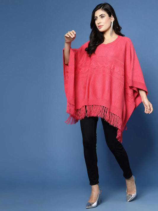 Women Fuchsia Acrylic Self Design Poncho - Wool Trees