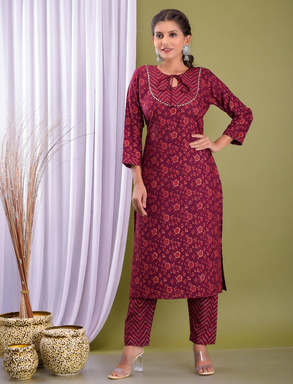 Vamika Foil Print Rayon Wine Red Party Wear/Casual Wear Kurta Set/Suit